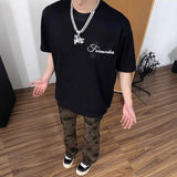 Men's Oversized White T-Shirt with Embossed Floral Texture and Letter Print, Casual Streetwear Tee