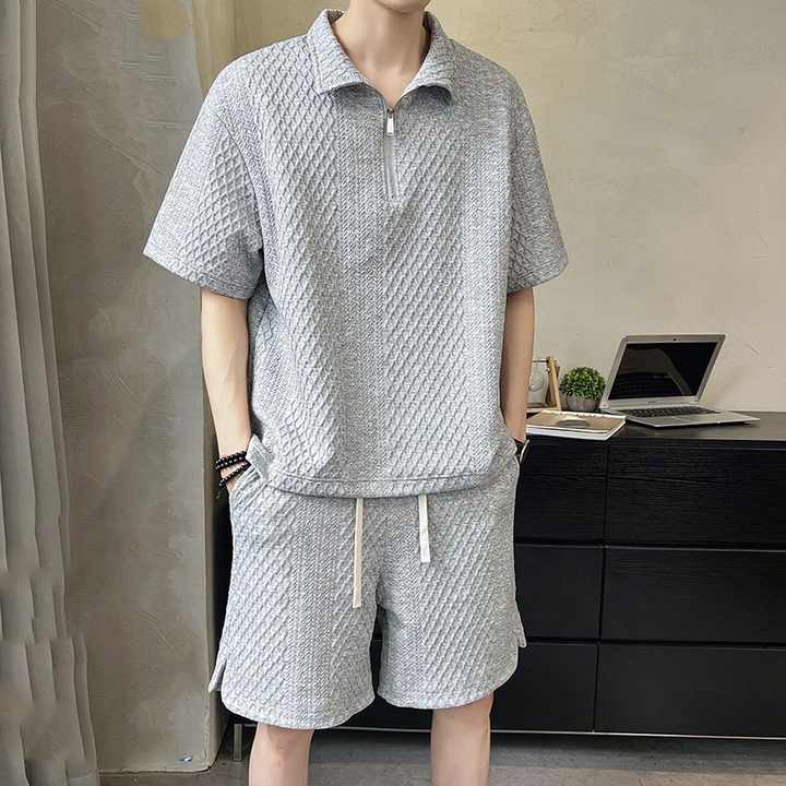 Sports Men's Suit Summer Light Luxury Men's Fashion Brand Loose Short-sleeved Polo Shirt Half Zipper Top and Shorts Set