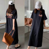 Women Back Letter Print Side Slit T Shirt Dress Oversized Crew Neck Casual Long Tee Dress Streetwear Maxi Dress