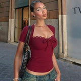 Casual Women's Summer Crop Top, Sweetheart Neck Lace Trim Bow Detail Short Sleeve T-Shirt, 2026 New Y2K Top