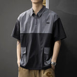 Men Color Block Cargo Pocket Polo Shirt Half Zip Collar Short Sleeve Loose Casual Workwear T Shirt