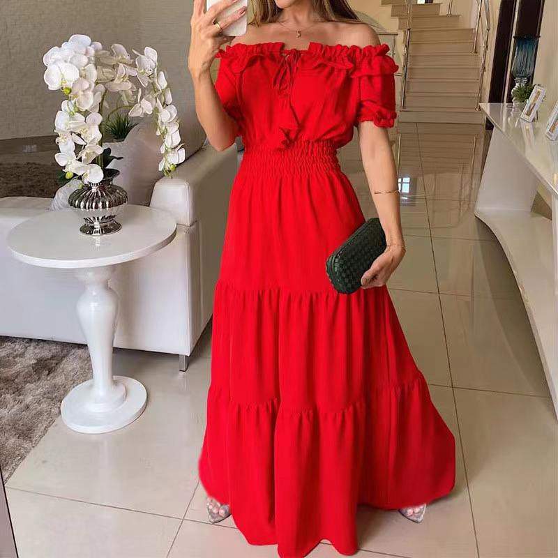 Women Off Shoulder Ruffle Puff Sleeve Maxi Dress Smocked Waist Tiered Flowy Long Dress Summer Holiday Casual Wedding Guest Dress