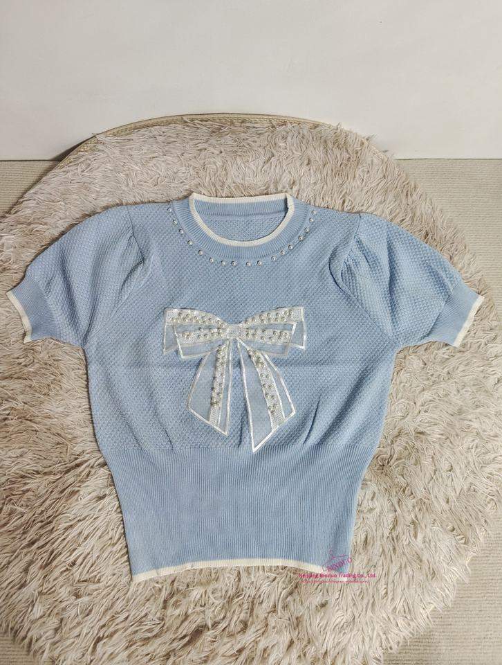 Bow Graphic Tee Knitting Tops for Women Crewneck Short-Sleeved Tee