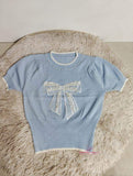Bow Graphic Tee Knitting Tops for Women Crewneck Short-Sleeved Tee