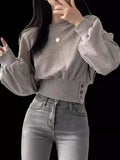 Elegant Buckle Long-sleeved Top Crewneck Loose-fit Women's Long Sleeve Top