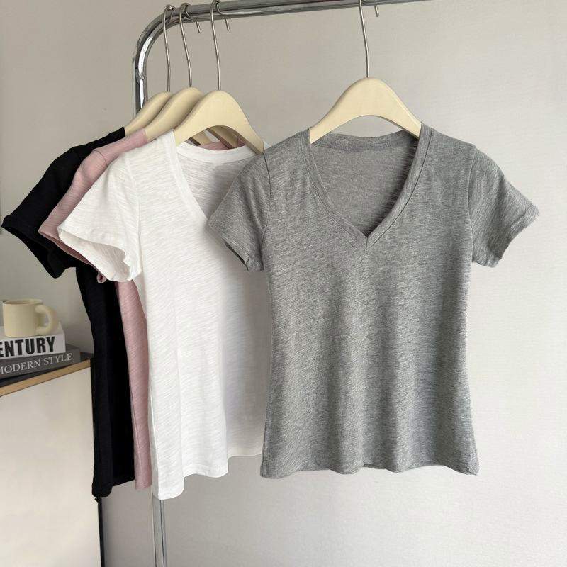 Glub Cotton Elegant High-end Short-sleeved T-shirt Women's Summer Slim-fit Korean-style Base Shirt V-neck Half-sleeve T-shirt