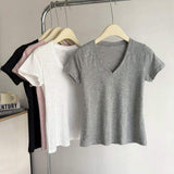 Glub Cotton Elegant High-end Short-sleeved T-shirt Women's Summer Slim-fit Korean-style Base Shirt V-neck Half-sleeve T-shirt