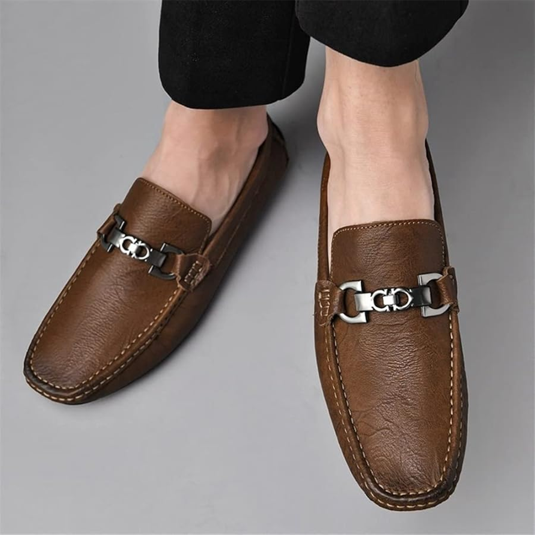 Brown Leather Metal-Bit Loafers