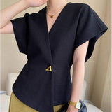2026 French Temperament Asymmetric Drop Shoulder Sleeve Women's T-shirt One Button Tight Waist Slimming Fashion Top