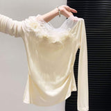 Korean Style Off Shoulder Lace Floral Long Sleeve Top Women Slim Fit Versatile Blouse for Spring & Autumn