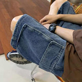 Summer Blue Trendy Washed Casual Baggy Pants Big Flap Pocket Loose Straight Men Denim Shorts