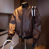 Men Brown Faux Leather Bomber Jacket Stand Collar Geometric Stitching Cropped Motorcycle Streetwear Outerwear