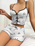 New Arrival Women's Heart Print Contrast Color Loungewear - Split Front Camisole Pajama Set