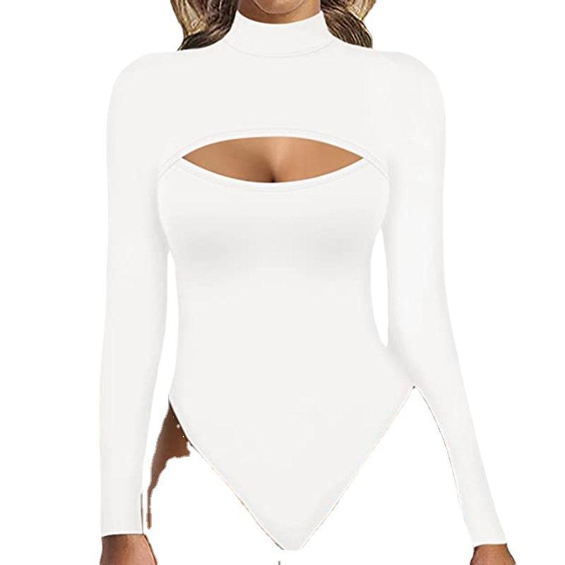 Women Mock Neck Front Cut Out Bodysuit Long Sleeve Solid Stretch Ribbed Body Shaper Fitting Casual Basic Tight Tops