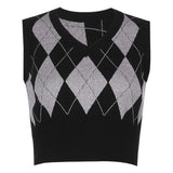 Color Contrast Cropped Top Argyle Basic tank Top V-neck Slim-fit Sweater Vest