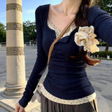 Women 2 in 1 Lace Trim Ribbed Long Sleeve Top Sweet Floral Print Faux Two Piece Slim Fit Square Neck Casual T-Shirt