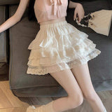 Y2K Sweet Lace Tiered Cake Mini Skirt Women's White Ruffle Layered Short Skirt with Lace Trim