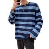 Men Two Tone Striped Long Sleeve T Shirt Loose Crew Neck Casual Stripe Top