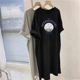 Women Vintage Harbour Sailboat Print Roll Sleeve T Shirt Dress Side Slit Loose Casual Long Maxi Dress