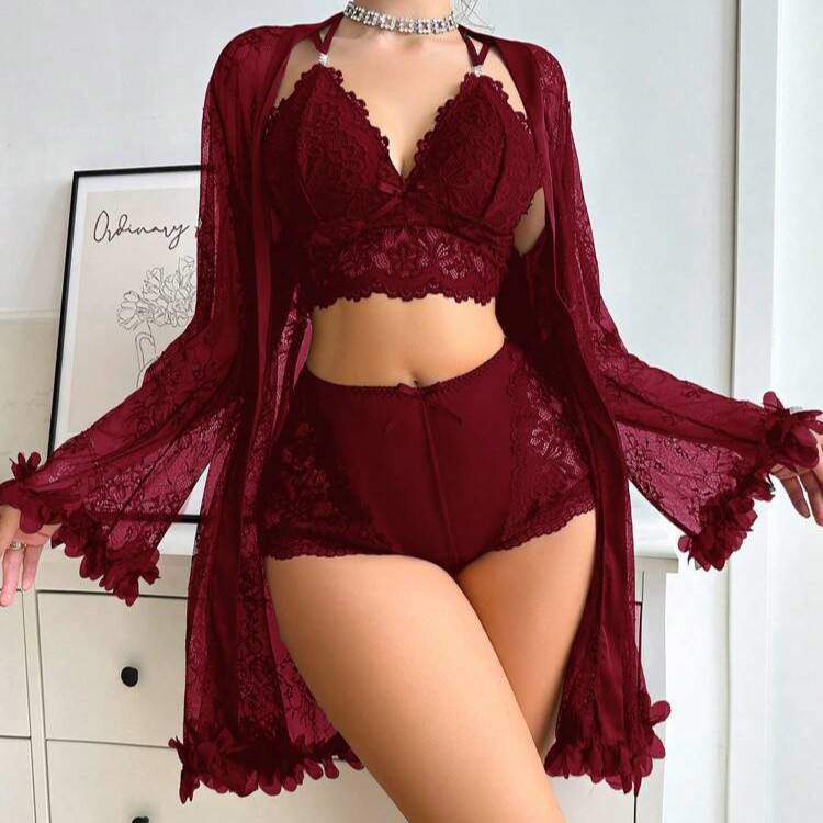 Women's Sexy  Three - Piece Set with Lace Robe for Summer, Pure - Desire Style, High - Value Lingerie Pajamas Set.