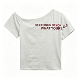 Women One Side Off Shoulder Letter Print Ruched Crop T Shirt Short Sleeve Casual Y2K Blouse