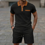 Men's Waffle Knit Two Piece Set Contrast Collar Polo Shirt & Drawstring Shorts Casual Summer Tracksuit