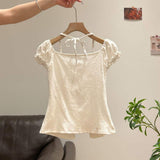 Women's Light Yellow Square Neck Tie Front Puff Sleeve Slim Fit Blouse Summer Casual Tops
