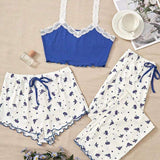 Sexy Floral Pajama Set for Women, Summer Suspender Short-long Pants, Cute Ladies' Homewear Three-piece Set