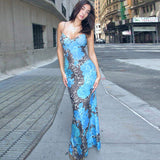 Women Spaghetti Strap V Neck Maxi Dress Blue Floral Leopard Print Bodycon Mixi Dress Slim Fit Long Dress