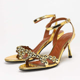 Metal Decoration Gold Silver Studs Elegant Party Summer Open Toe Heeled Sandals for Club Evening