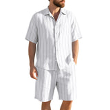 Men's Linen Striped Two Piece Set - Short Sleeve Button Down Shirt & Shorts Casual Summer Outfit