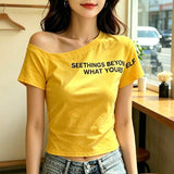 Women One Side Off Shoulder Letter Print Ruched Crop T Shirt Short Sleeve Casual Y2K Blouse