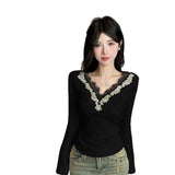 Korean Style V-Neck Rhinestone Lace Trim Knit Top Women's Slim Fit Long Sleeve Soft Casual Blouse