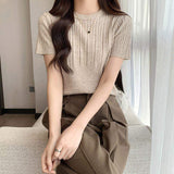 Slim-fit Short-sleeved Blouse Knitted T-shirt for Women Crewneck Short-Sleeved Tee