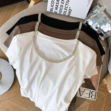 Women's Rhinestone Trim Crew Neck T-Shirt White Short Sleeve Ruched Slim Fit Casual Tops for Daily