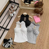 Women's Stylish Black Knit Halter Vest Sleeveless Slim Crop Bandeau Sweet Alluring Top for Summer