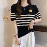 Streak Knitted Crop Top Ice Silk Women's Clothing Versatile Short-Sleeved Tee