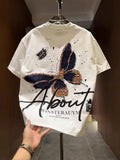 2026 Summer Men's White 230g Cotton T-shirt Butterfly Print with Colorful Beads Oversized Streetwear Tee