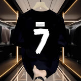 Men COTTON Back Large Number 7 Print Crew Neck Loose Short Sleeve Basic Tee Shirt