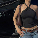 Minimalist Women Metal Ring Halter Crop Top Solid Black Sleeveless Fitted Tank Top Streetwear Daily Camisole