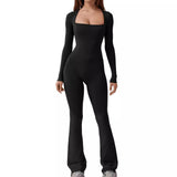Women Square Neck Long Sleeve Ribbed Jumpsuit Bodycon Flare Leg One Piece Outfit Solid Stretch Slim Fit Casual Bodysuit Pants