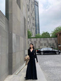 Women V Neck Wrap Maxi Dress Long Sleeve Ruched Waist High Waist Flowy Big Swing Floor Length Elegant Casual Long Dress
