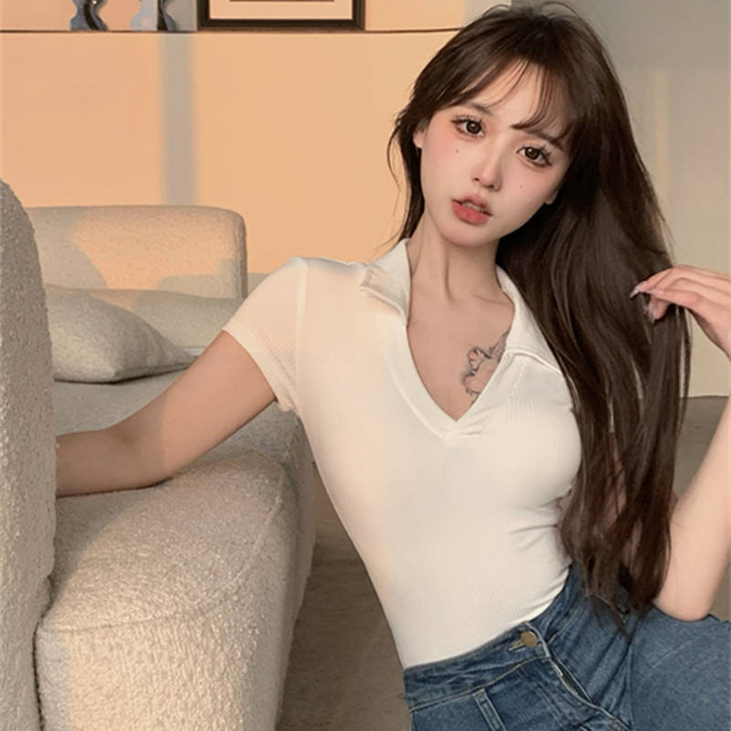 V-neck Bodysuit Solid Slim-fit One-piece Top Modern Crotch Top