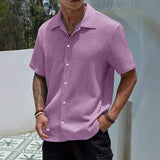 Men Solid Wrinkle Textured Short Sleeve T-Shirt Lapel Collar Button Down Breathable Loose Casual Summer Blouse