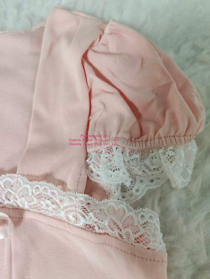 Women's Pink Lace Trim Square Neck Puff Sleeve T-Shirt Slim Fit Sweet Casual Tops for Party