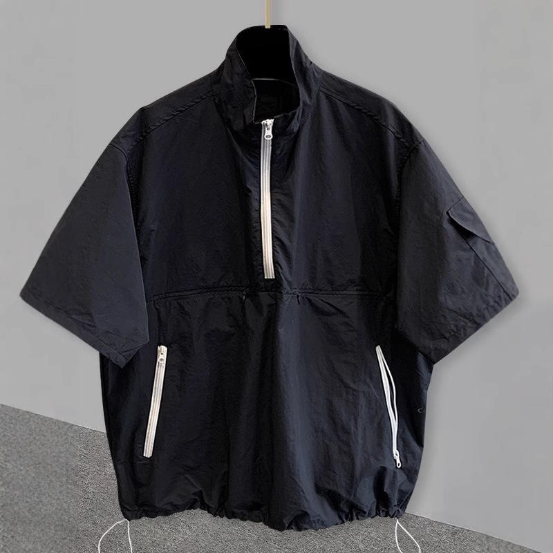 Men Half Zip Stand Collar Drawstring Hem Cargo Pocket Short Sleeve Pullover Top