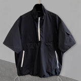 Men Half Zip Stand Collar Drawstring Hem Cargo Pocket Short Sleeve Pullover Top