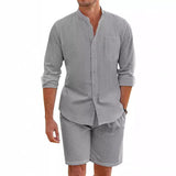 Men's Casual 2 Piece Outfit, 2026 New Arrival Mandarin Collar Long Sleeve Shirt & Shorts Set, Summer Vacation Suit