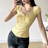 French Style Yellow Lace Patchwork Button-down T-shirt Women's New Sexy Sweet Spicy Slim Fit Short Top