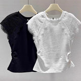 Women Round Neck Lace Cap Sleeve T Shirt Side Ruched Slim Fit Solid Color Casual Blouse